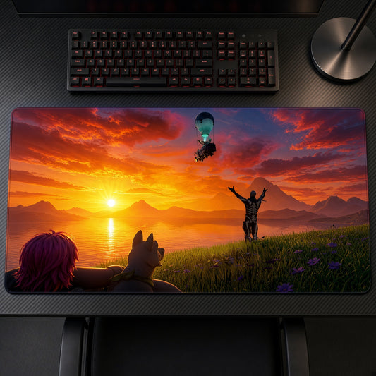 Fortnite Battle Bus Sunset Drop Playmat on a gaming desk, top-down view