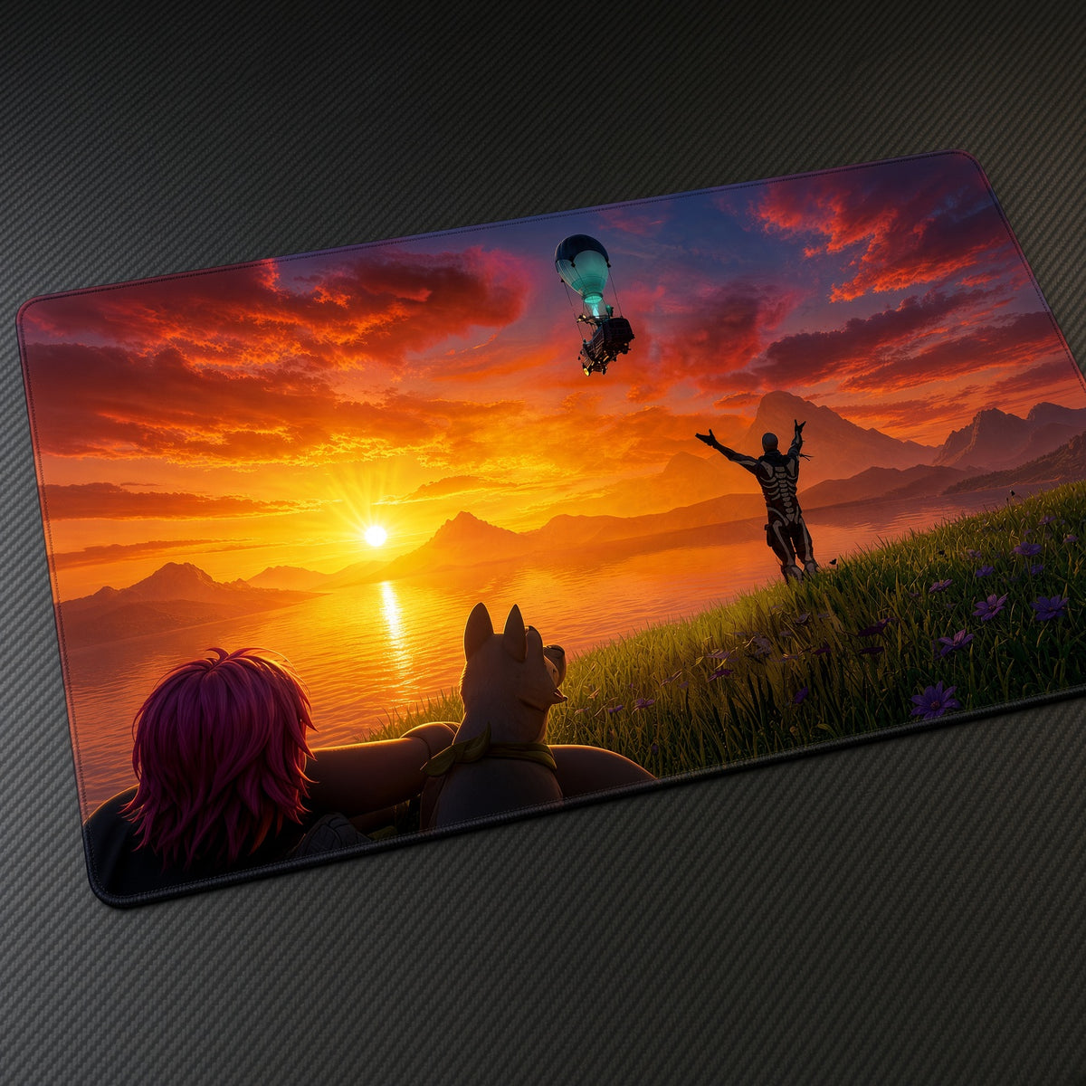 Fortnite Battle Bus Sunset Drop Playmat at an angle on a gaming desk