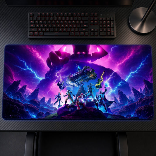 Fortnite Galactus Nexus War Playmat on a gaming desk, top-down view