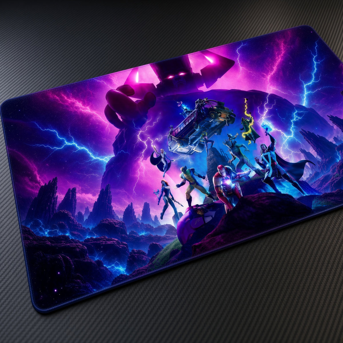 Fortnite Galactus Nexus War Playmat at an angle on a gaming desk