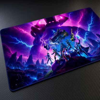 Fortnite Galactus Nexus War Playmat at an angle on a gaming desk