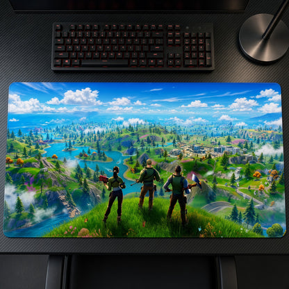 Fortnite Island Squad Playmat on a gaming desk, top-down view