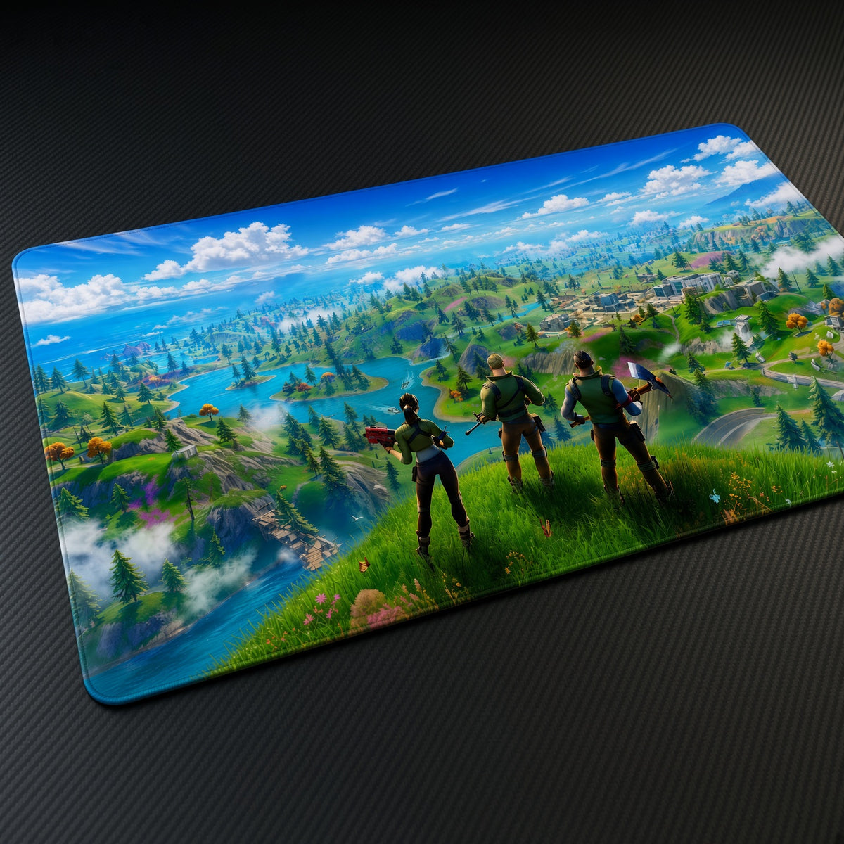 Fortnite Island Squad Playmat at an angle on a gaming desk