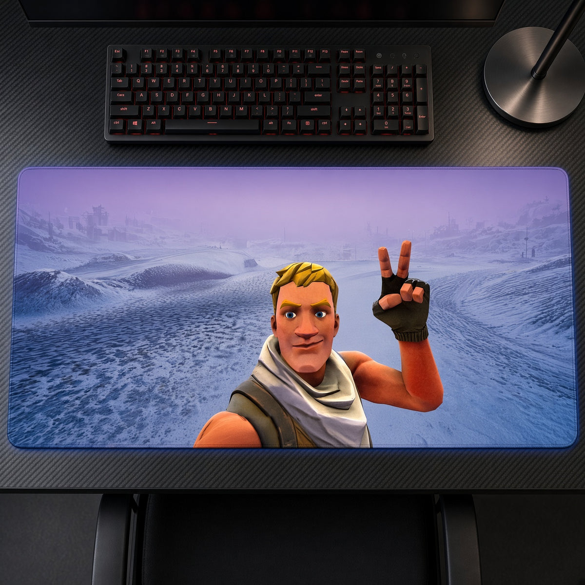 Fortnite Jonesy Peace Sign Playmat on a gaming desk, top-down view