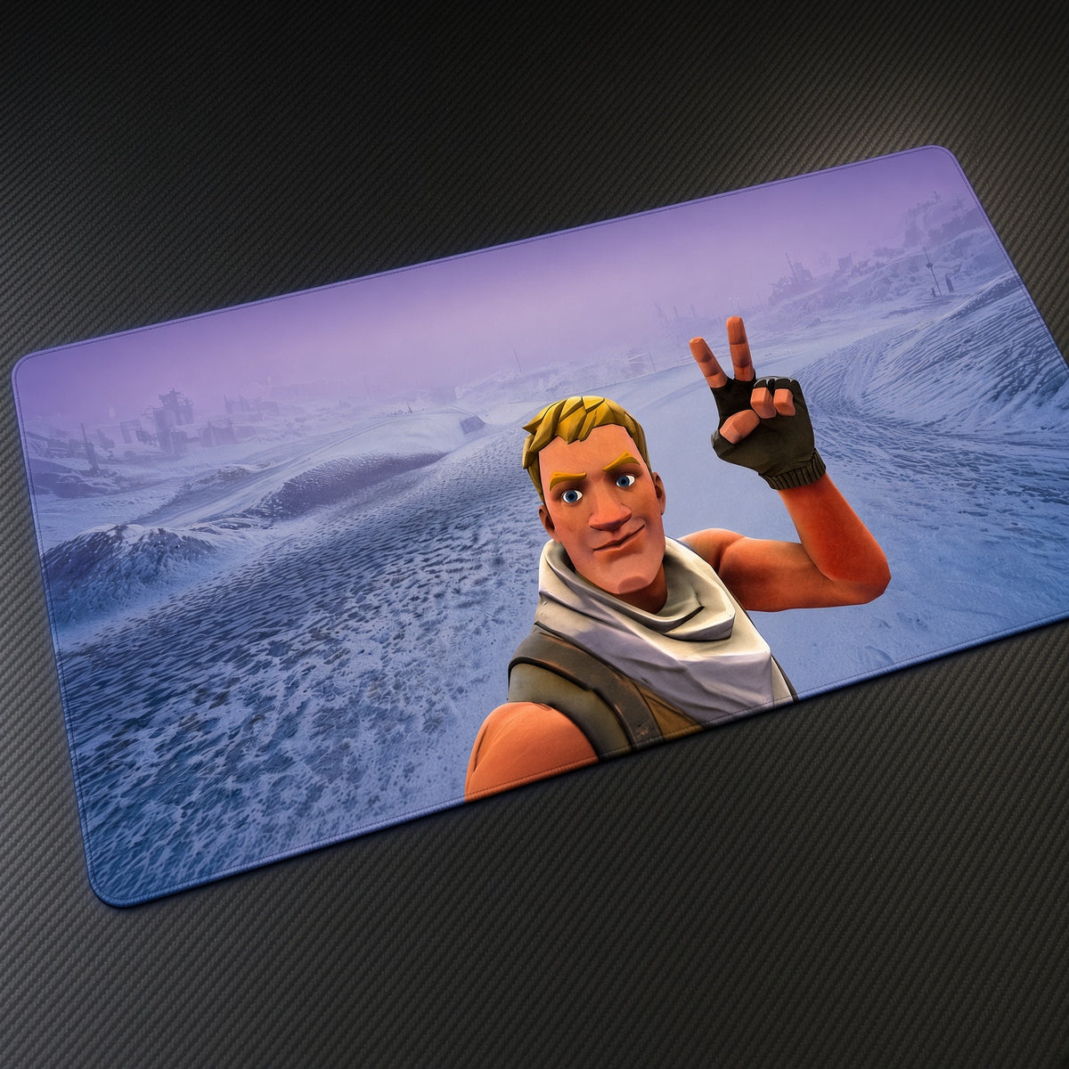 Fortnite Jonesy Peace Sign Playmat at an angle on a gaming desk