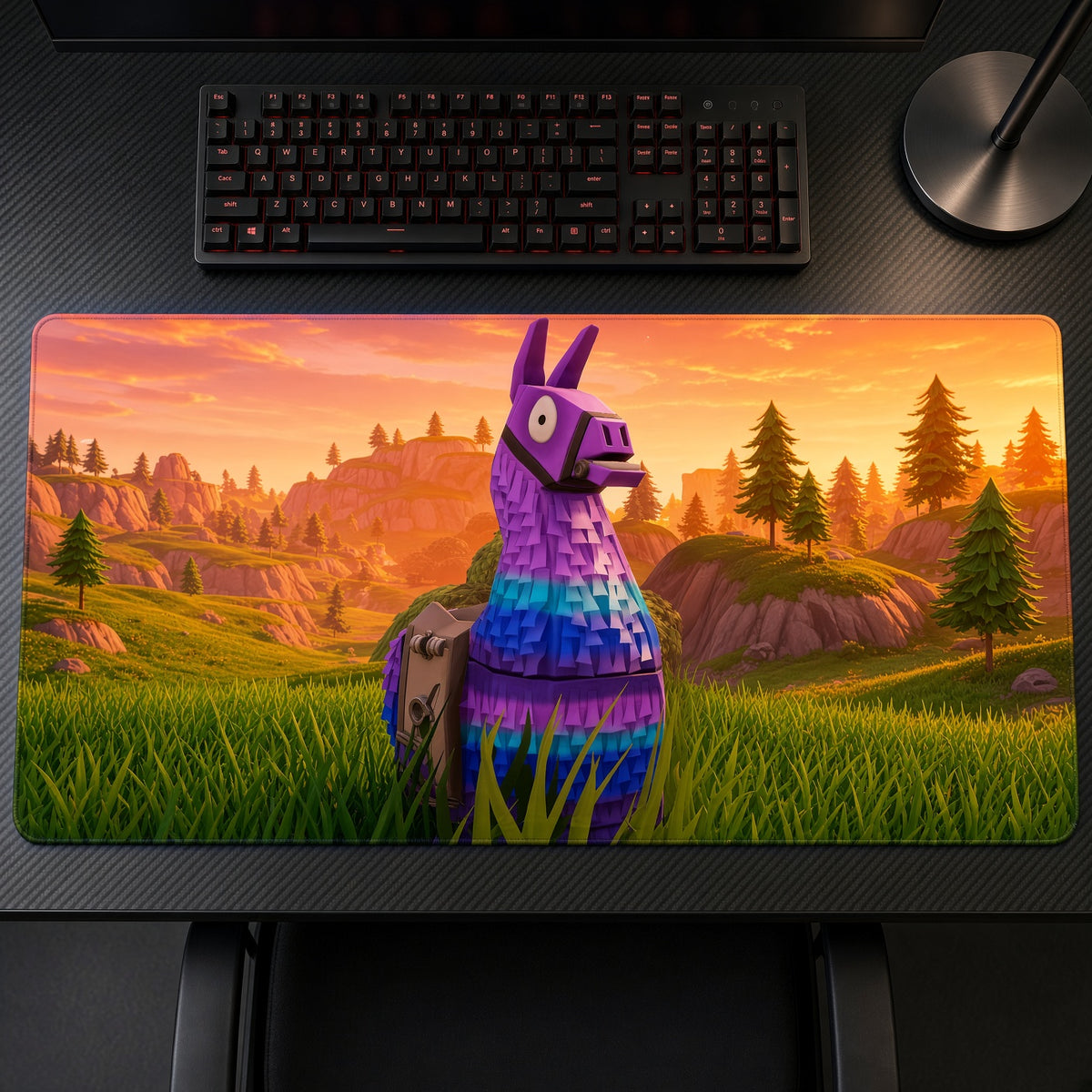 Fortnite Loot Llama Meadow Playmat on a gaming desk, top-down view