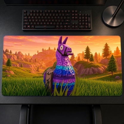 Fortnite Loot Llama Meadow Playmat on a gaming desk, top-down view