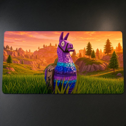 Fortnite Loot Llama Meadow Playmat at an angle on a gaming desk