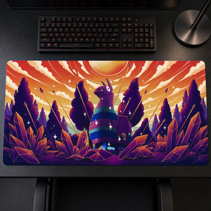 Fortnite Loot Llama Sunset Playmat on a gaming desk, top-down view