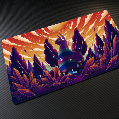 Fortnite Loot Llama Sunset Playmat at an angle on a gaming desk