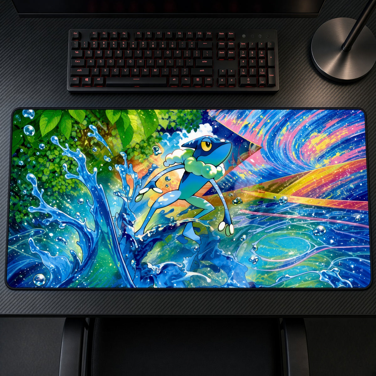 Frogadier Water Splash Pokémon Playmat on a gaming desk, top-down view