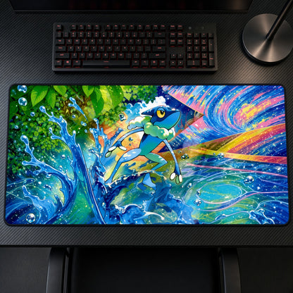 Frogadier Water Splash Pokémon Playmat on a gaming desk, top-down view