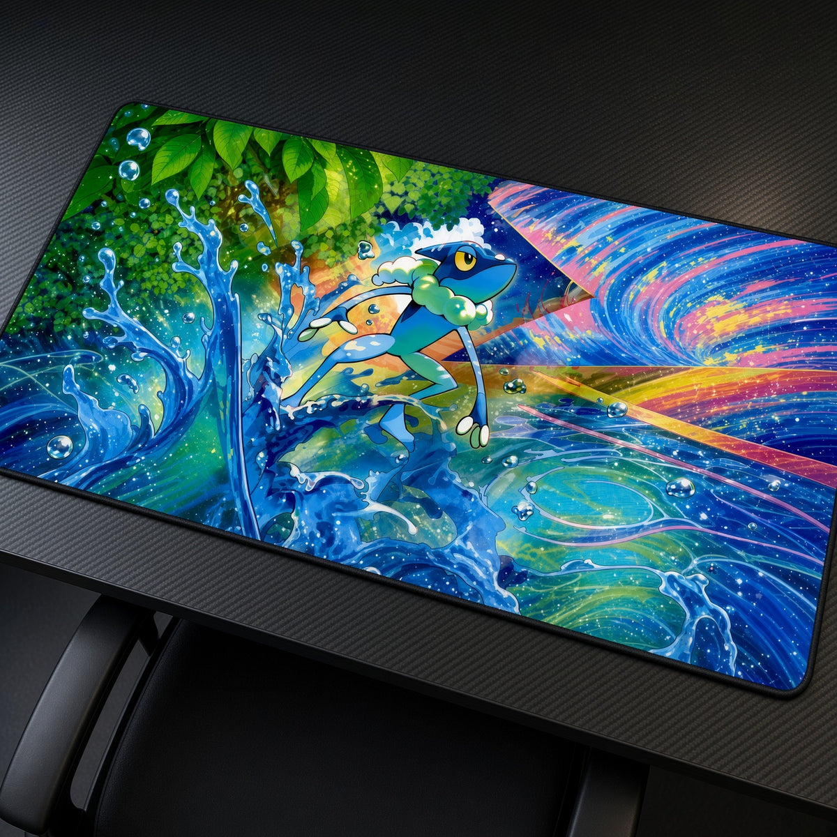 Frogadier Water Splash Pokémon Playmat at an angle on a gaming desk