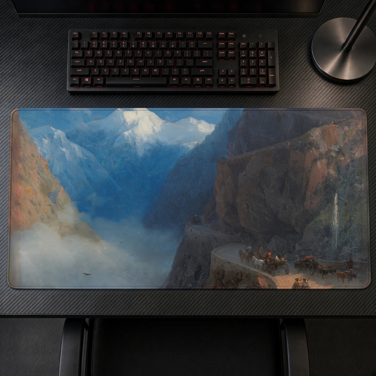 From Mleta to Gudauri Ivan Aivazovsky Playmat on a gaming desk, top-down view