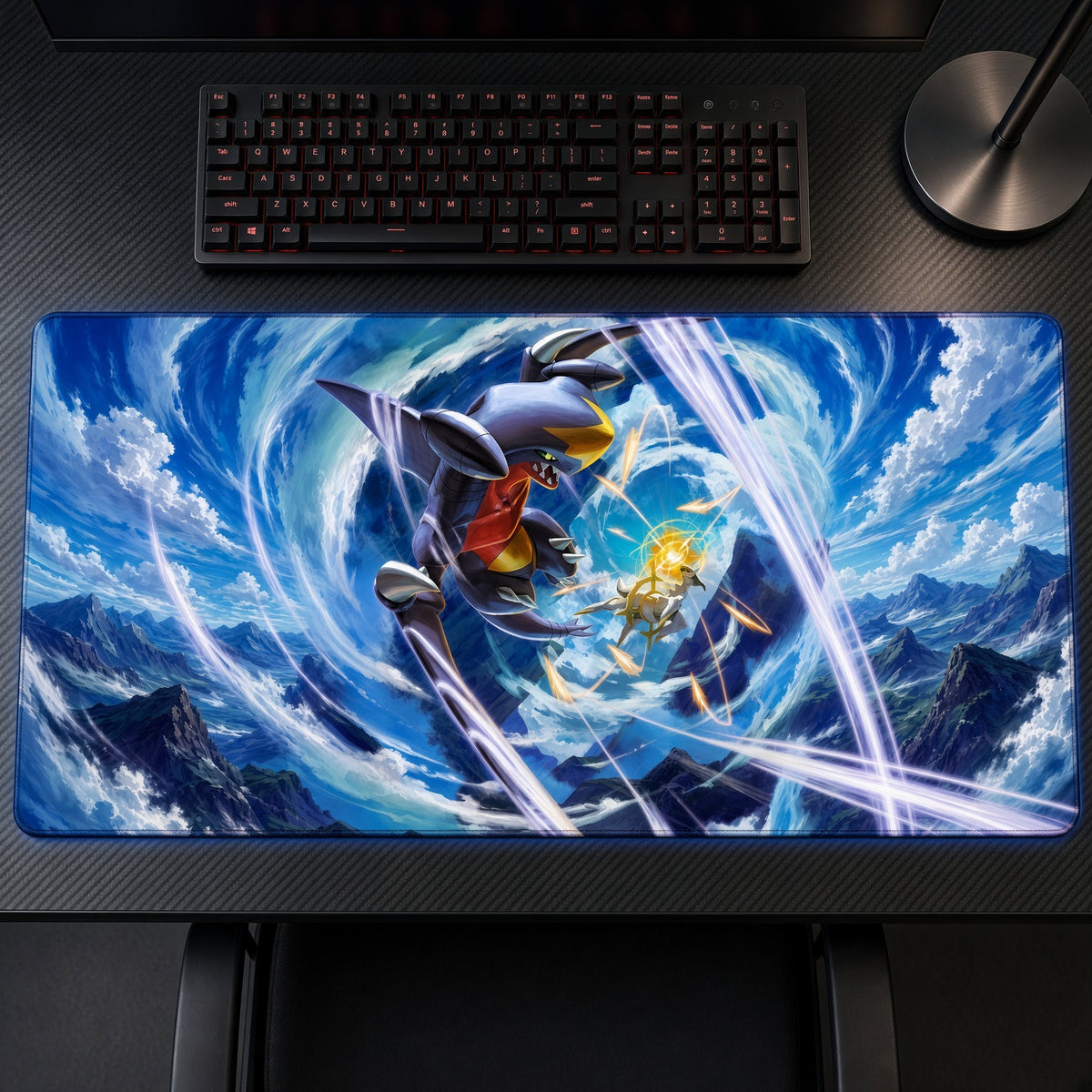 Garchomp and Jirachi Energy Clash Pokémon Playmat on a gaming desk, top-down view