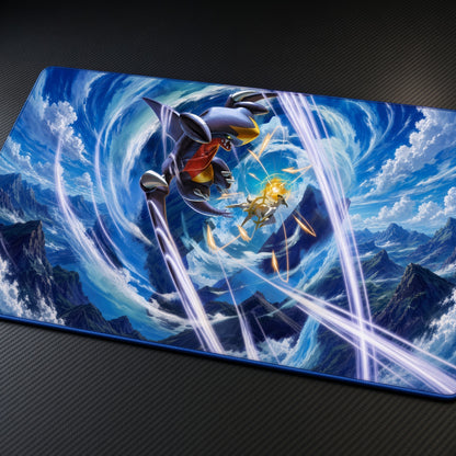Garchomp and Jirachi Energy Clash Pokémon Playmat at an angle on a gaming desk