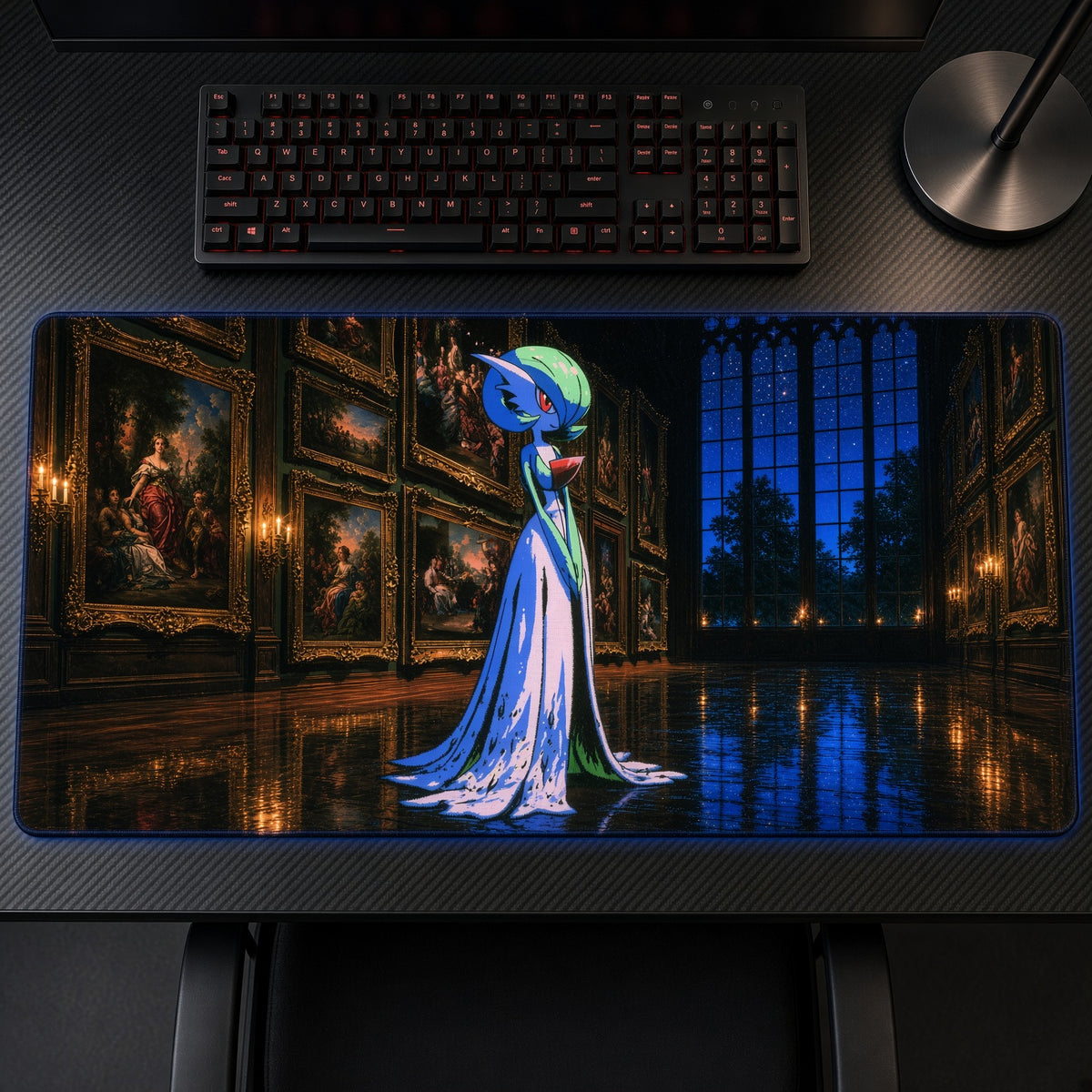 Gardevoir Art Gallery Pokémon Playmat on a gaming desk, top-down view