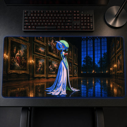 Gardevoir Art Gallery Pokémon Playmat on a gaming desk, top-down view