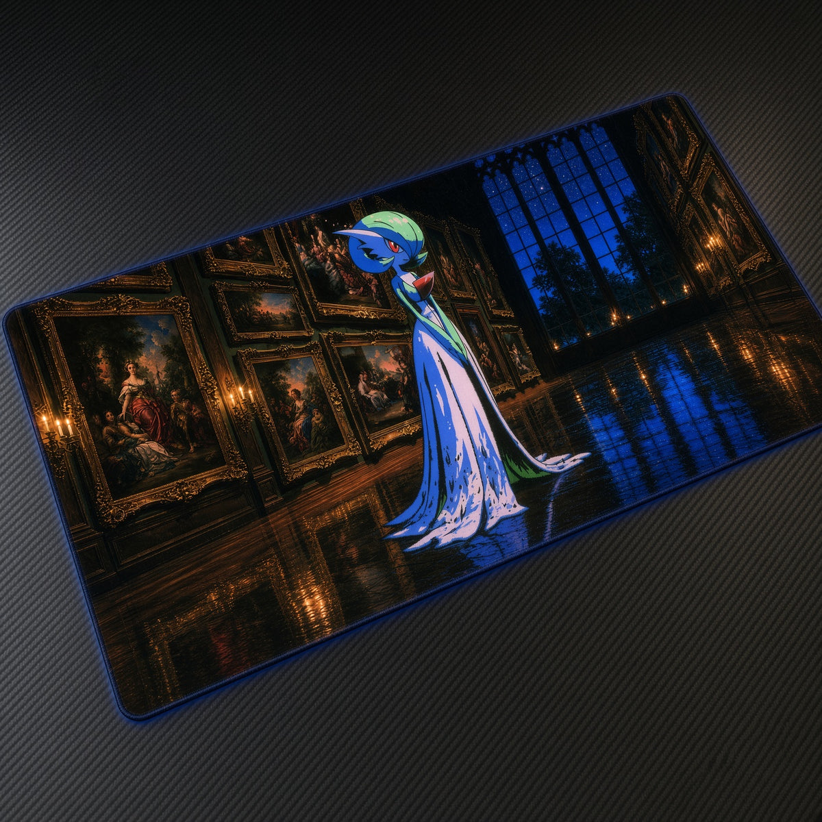 Gardevoir Art Gallery Pokémon Playmat at an angle with keyboard and mouse
