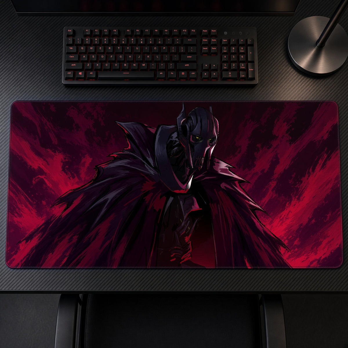 General Grievous Crimson Star Wars Playmat on a gaming desk, top-down view