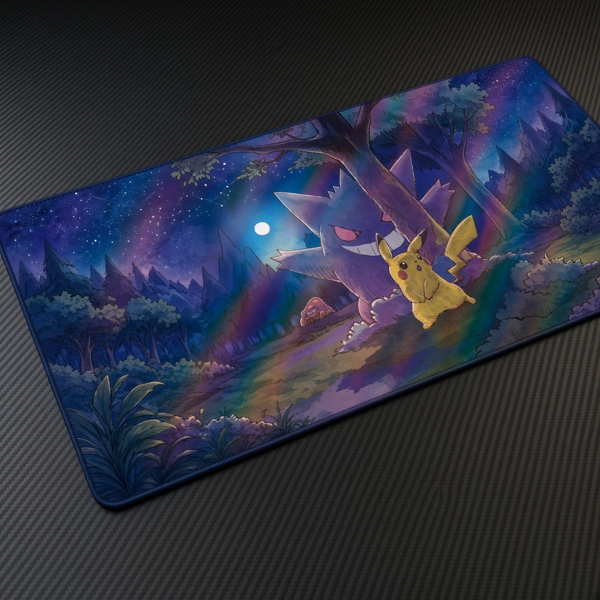 Gengar & Pikachu Night Forest Pokémon Playmat at an angle with keyboard and mouse