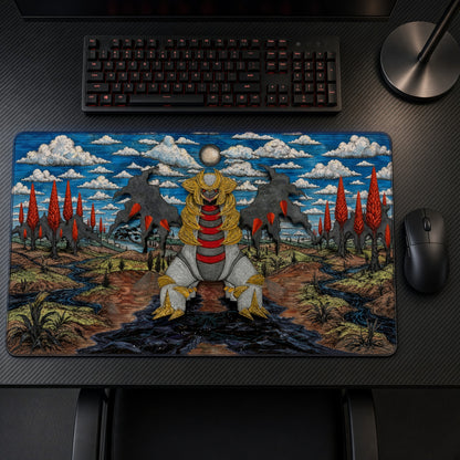 Giratina Full Art Pokémon Playmat on a gaming desk, top-down view