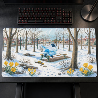 Glaceon Snowy Park Pokémon Playmat on a gaming desk, top-down view