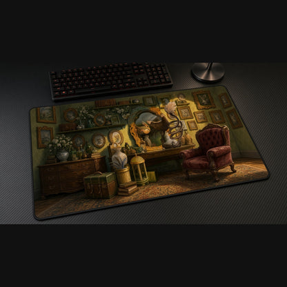 Glameow Vintage Parlor Pokémon Playmat at an angle with keyboard and mouse