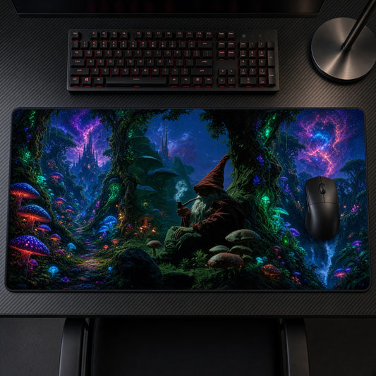 Gnome Mushroom Forest Playmat on a gaming desk, top-down view