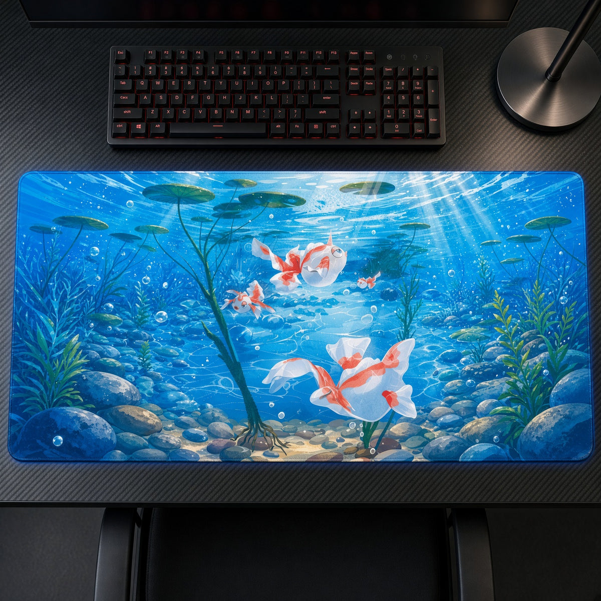 Goldeen Underwater Pokémon Playmat on a gaming desk, top-down view