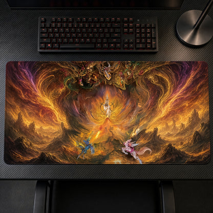Golden Fire Cavern Fantasy Playmat on a gaming desk, top-down view