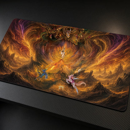 Golden Fire Cavern Fantasy Playmat at an angle on a gaming desk