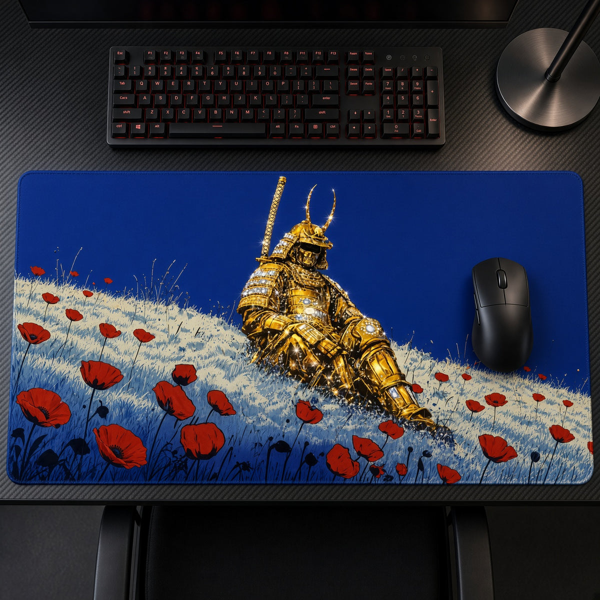Golden Samurai Poppy Field Fantasy Playmat on a gaming desk, top-down view