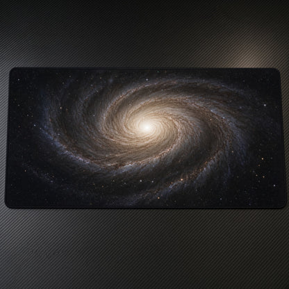 Golden Spiral Galaxy Space Playmat on a gaming desk, top-down view