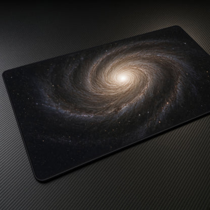 Golden Spiral Galaxy Space Playmat at an angle on a gaming desk