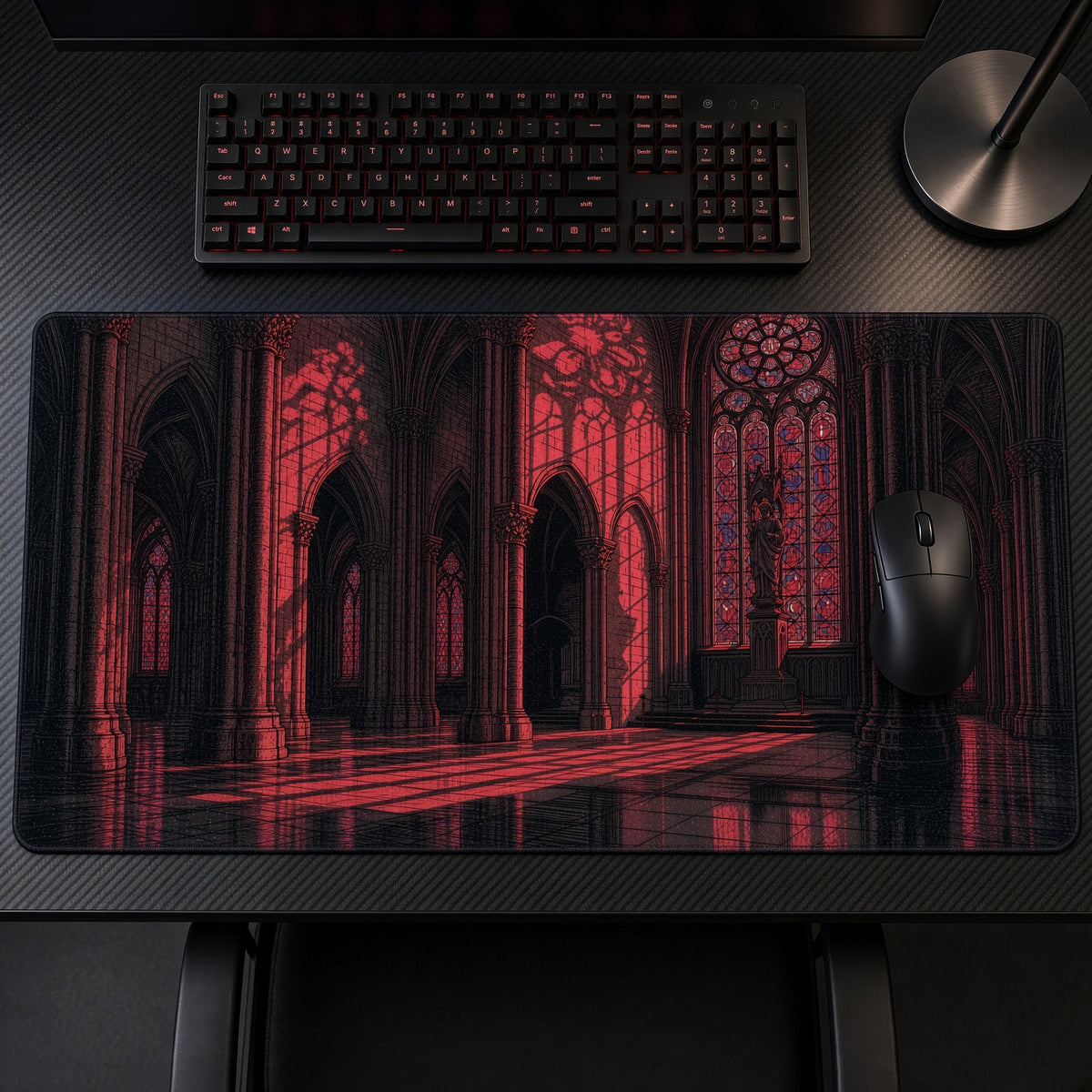Gothic Cathedral Red Glass Fantasy Playmat on a gaming desk, top-down view