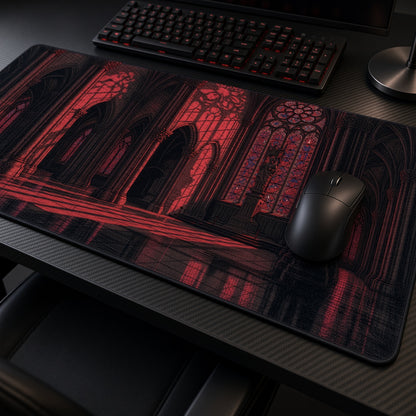 Gothic Cathedral Red Glass Fantasy Playmat at an angle with keyboard and mouse