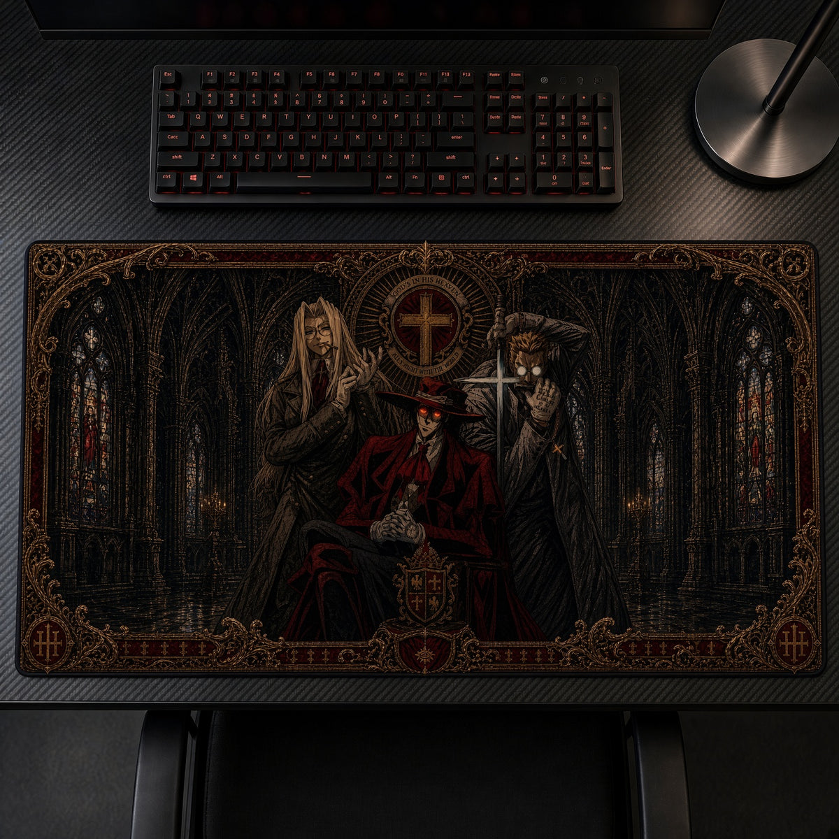 Gothic Cathedral Trio Playmat on a gaming desk, top-down view