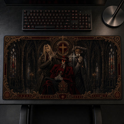 Gothic Cathedral Trio Playmat on a gaming desk, top-down view