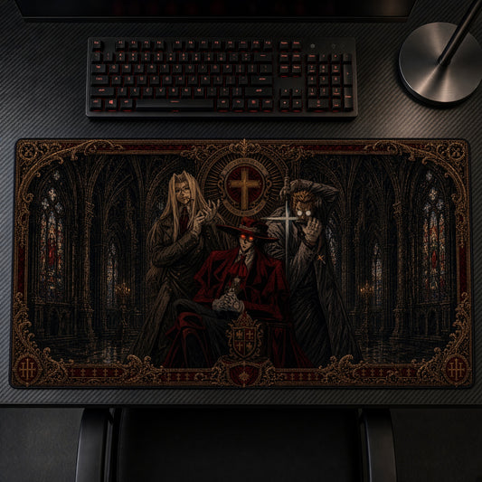 Gothic Cathedral Trio Playmat on a gaming desk, top-down view