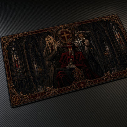 Gothic Cathedral Trio Playmat at an angle on a gaming desk