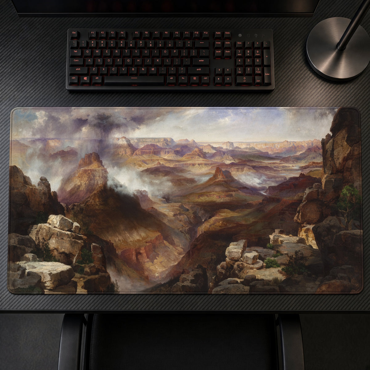 Grand Canyon of the Colorado River Thomas Moran Playmat on a gaming desk, top-down view