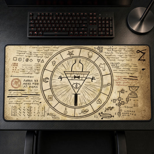 Bill Cipher Zodiac Wheel playmat on a gaming desk, top-down view