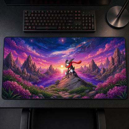 Greninja Mountain Peak Dusk Pokémon Playmat on a gaming desk, top-down view