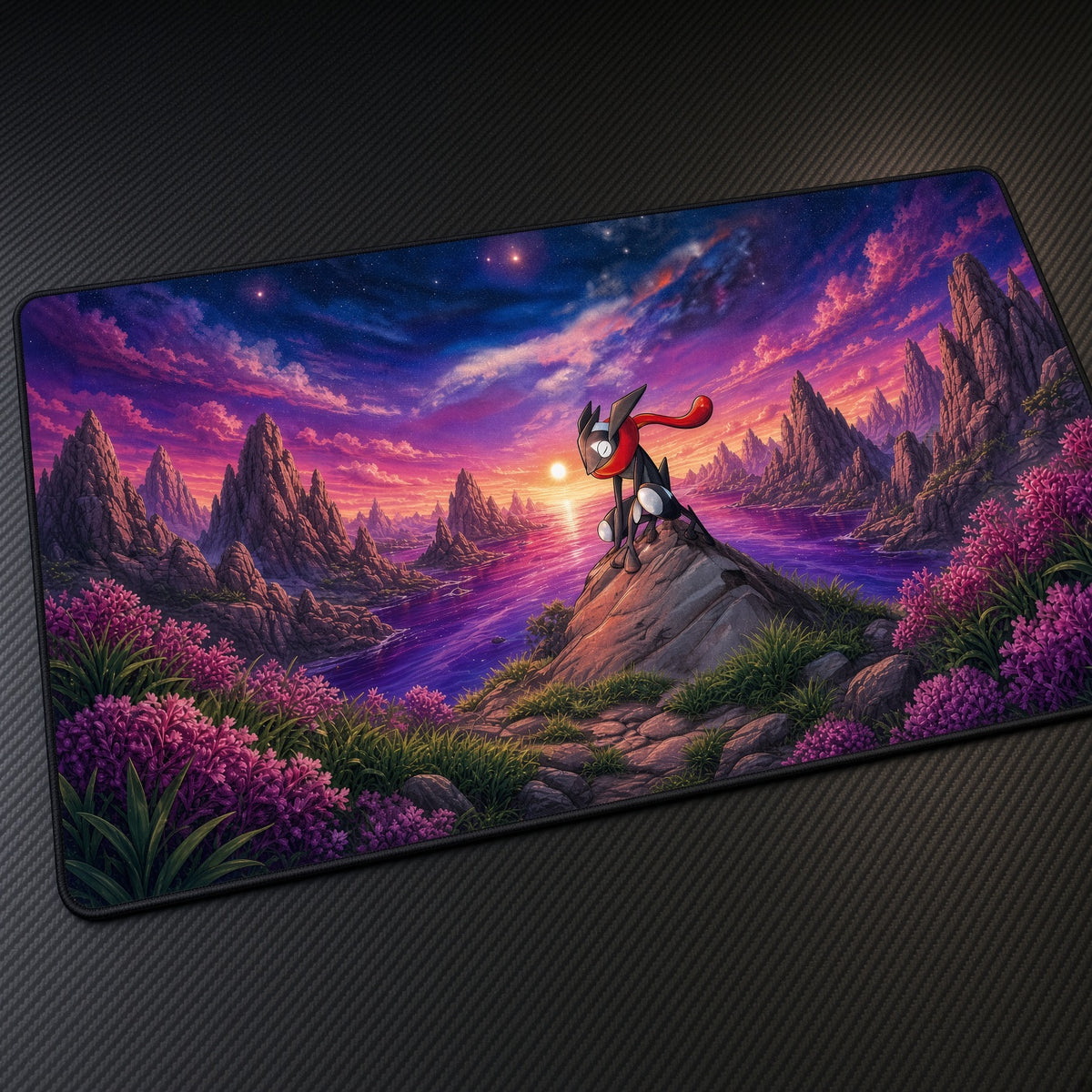 Greninja Mountain Peak Dusk Pokémon Playmat at an angle on a gaming desk