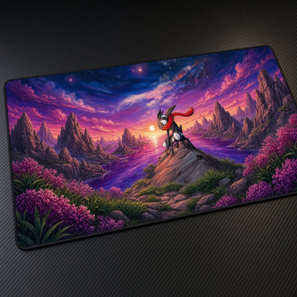 Greninja Mountain Peak Dusk Pokémon Playmat at an angle on a gaming desk