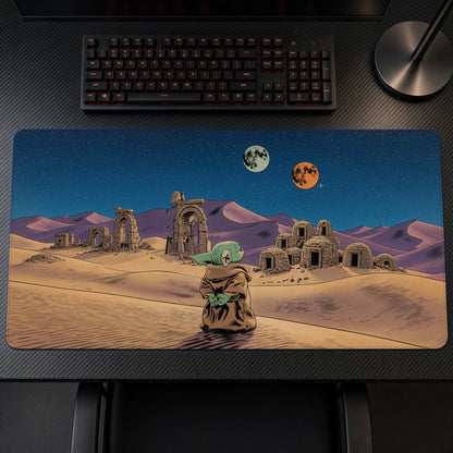 Grogu Tatooine Twin Suns Star Wars Playmat on a gaming desk, top-down view