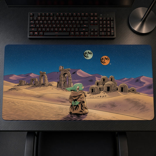 Grogu Tatooine Twin Suns Star Wars Playmat on a gaming desk, top-down view