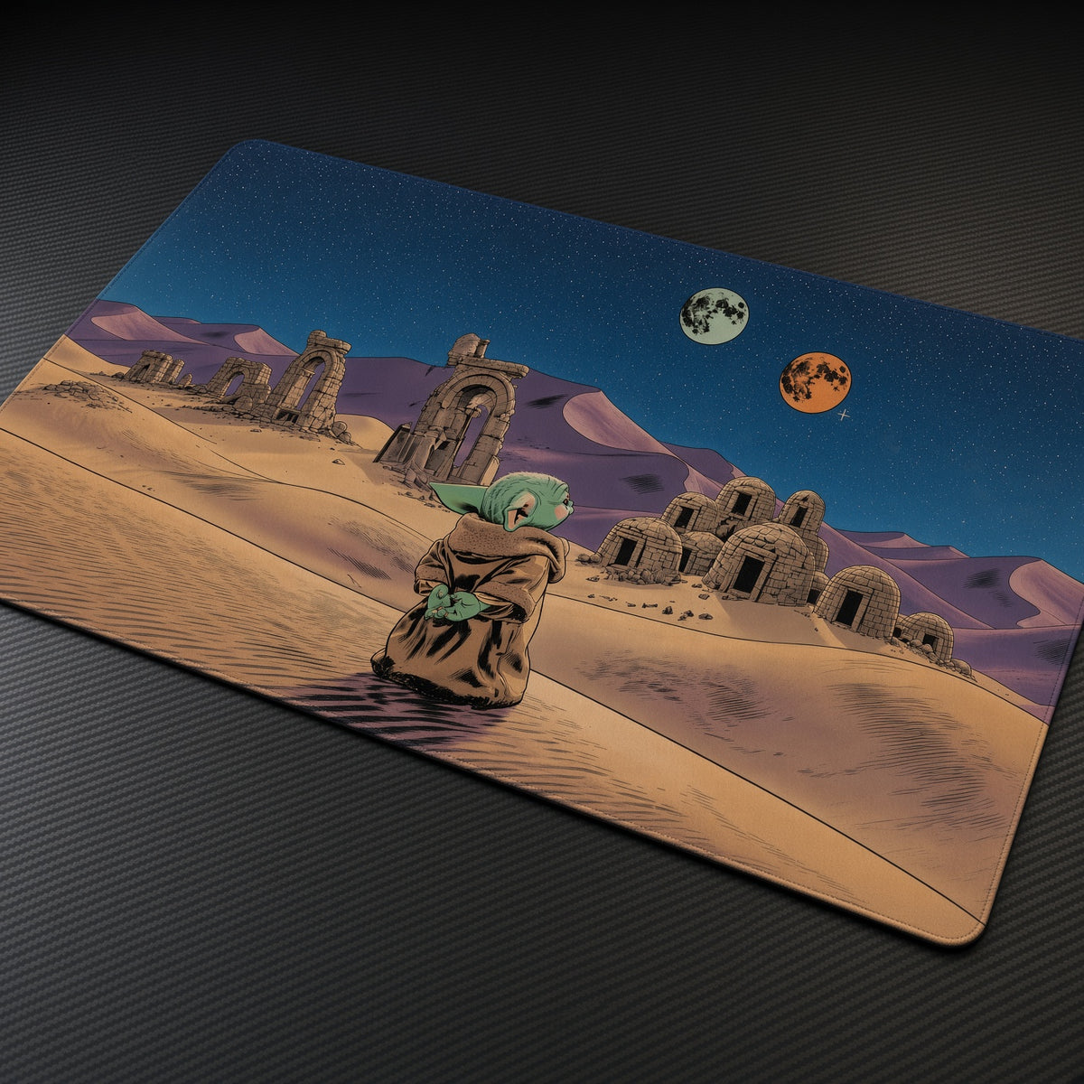 Grogu Tatooine Twin Suns Star Wars Playmat at an angle on a gaming desk
