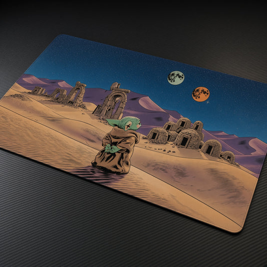 Grogu Tatooine Twin Suns Star Wars Playmat at an angle on a gaming desk